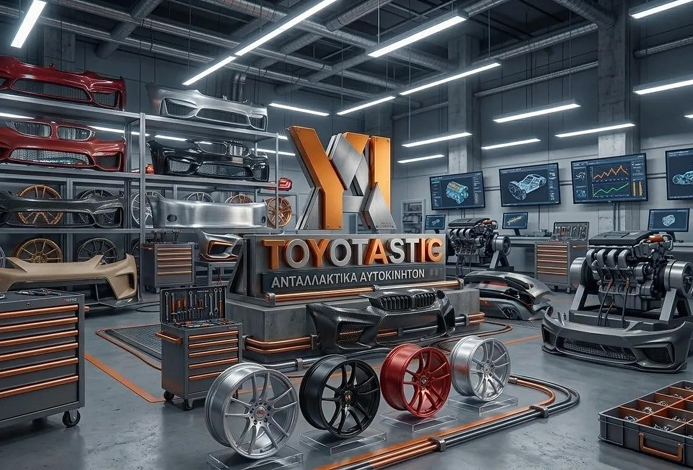 Illustration of a well-organised automotive parts workshop